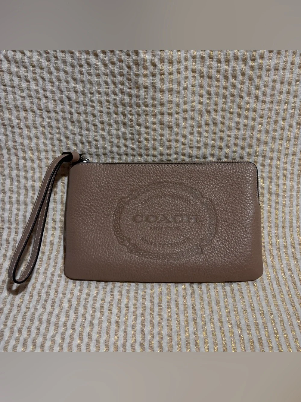 Coach Pebbled Leather Wristlet Tan/Silver/Burgundy Lining